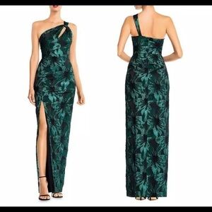 NEW Aidan Mattox Metallic Jacquard One-Shoulder Gown, Black Emerald Size 10